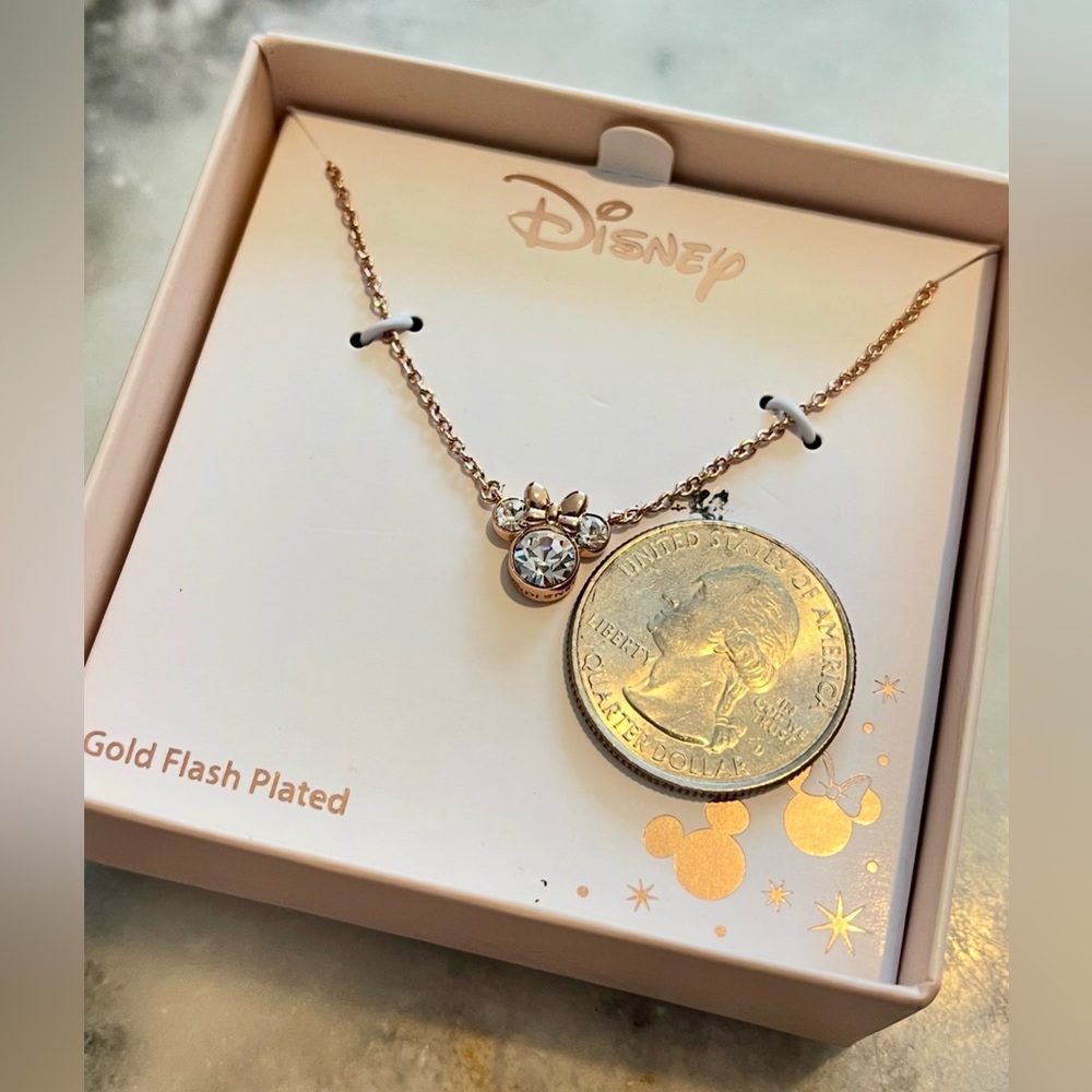 DISNEY MINNIE MOUSE HEAD BOW CRYSTAL RHINESTONE ROSE GOLD TONE PENDANT NECKLACE